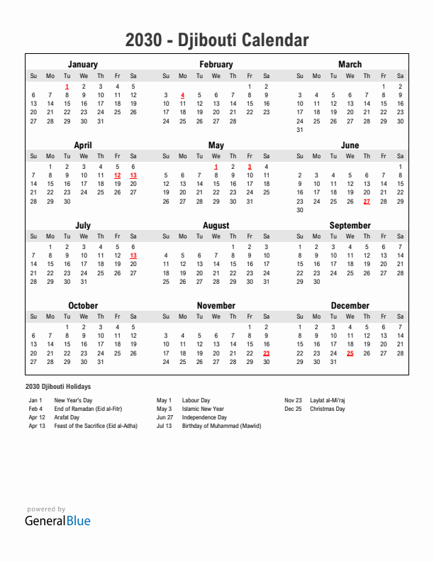 Year 2030 Simple Calendar With Holidays in Djibouti