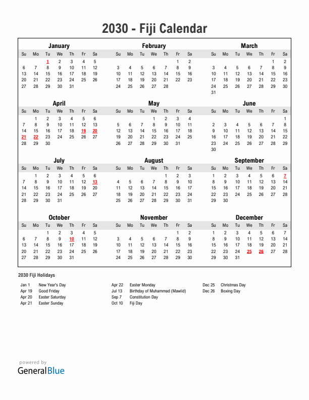 Year 2030 Simple Calendar With Holidays in Fiji