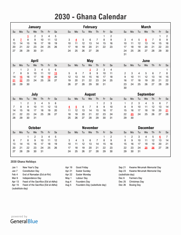 Year 2030 Simple Calendar With Holidays in Ghana