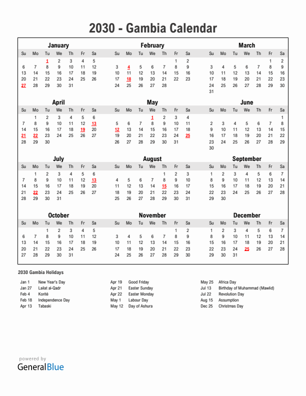 Year 2030 Simple Calendar With Holidays in Gambia