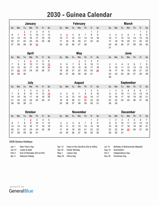 Year 2030 Simple Calendar With Holidays in Guinea