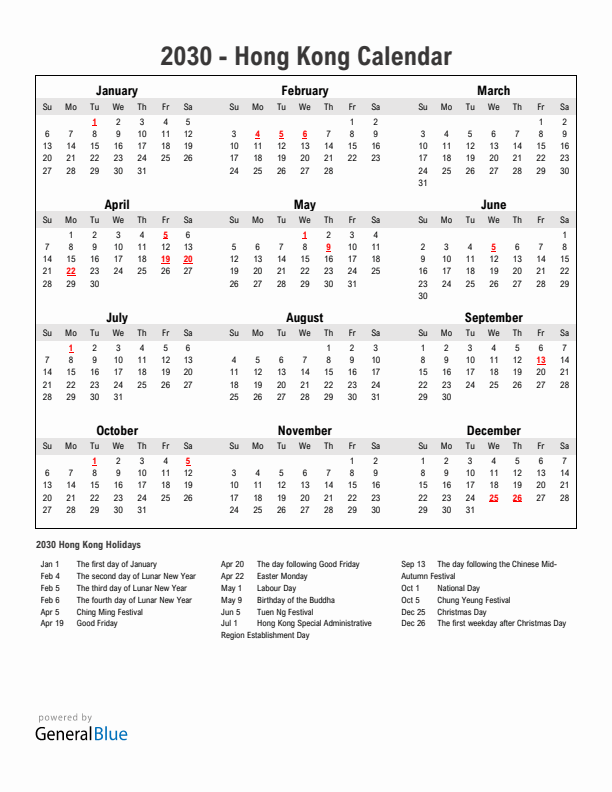 Year 2030 Simple Calendar With Holidays in Hong Kong