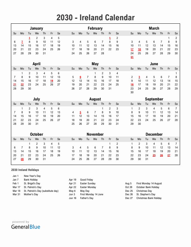 Year 2030 Simple Calendar With Holidays in Ireland