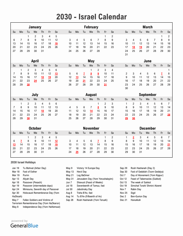 Year 2030 Simple Calendar With Holidays in Israel