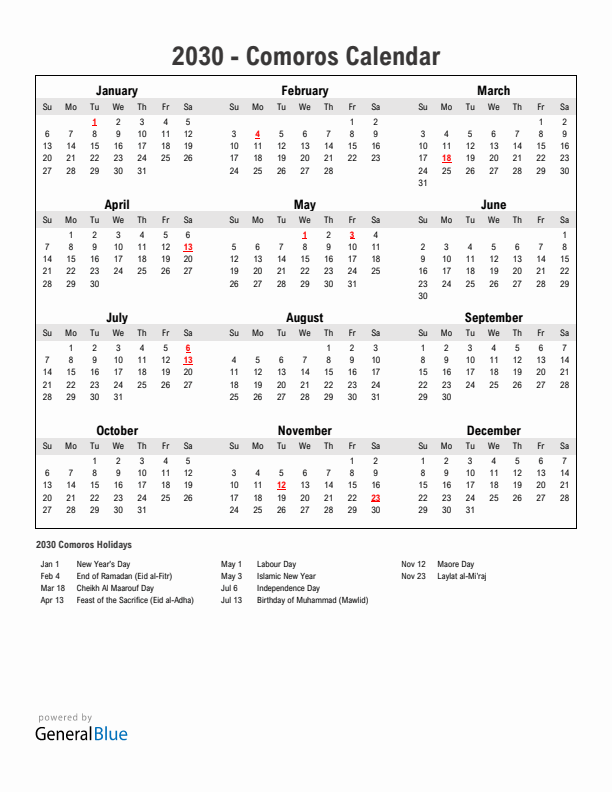 Year 2030 Simple Calendar With Holidays in Comoros