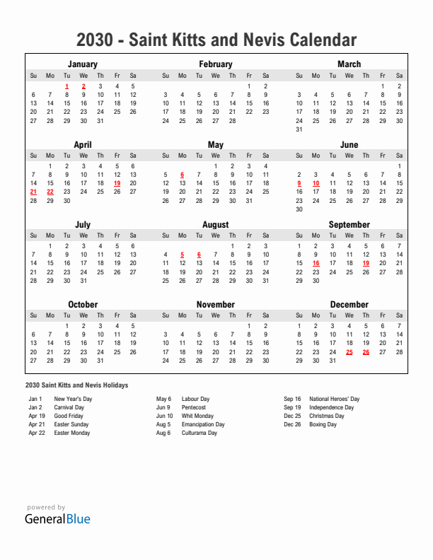 Year 2030 Simple Calendar With Holidays in Saint Kitts and Nevis