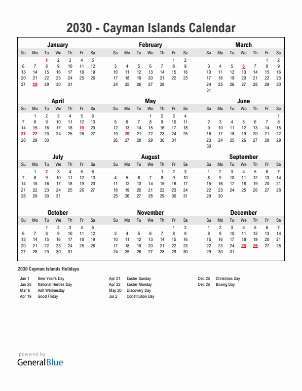 Year 2030 Simple Calendar With Holidays in Cayman Islands