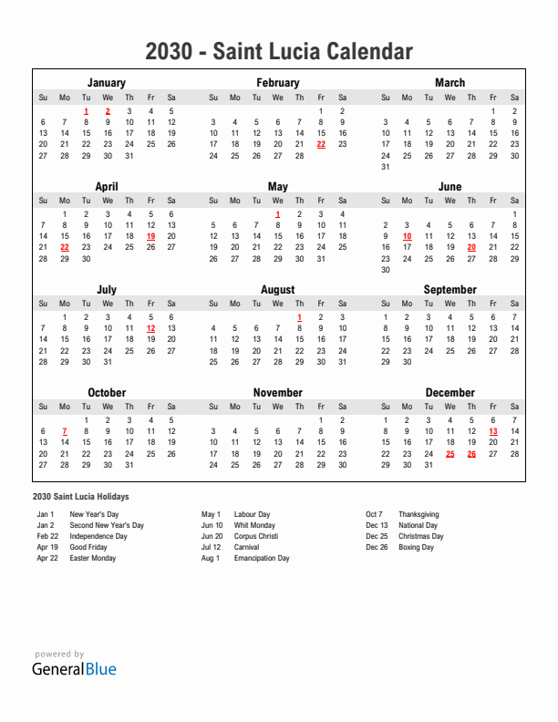 Year 2030 Simple Calendar With Holidays in Saint Lucia