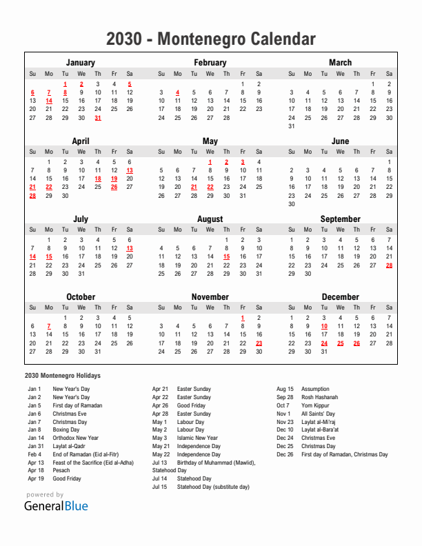 Year 2030 Simple Calendar With Holidays in Montenegro