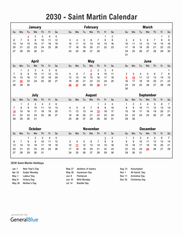Year 2030 Simple Calendar With Holidays in Saint Martin