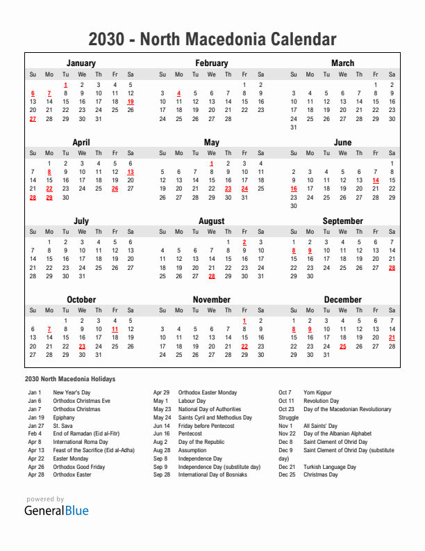 Year 2030 Simple Calendar With Holidays in North Macedonia