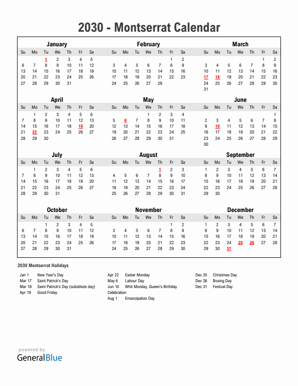 Year 2030 Simple Calendar With Holidays in Montserrat