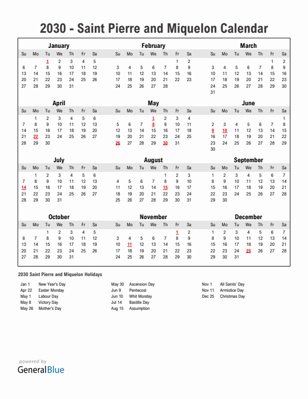 Year 2030 Simple Calendar With Holidays in Saint Pierre and Miquelon
