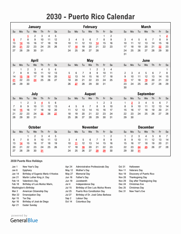 Year 2030 Simple Calendar With Holidays in Puerto Rico