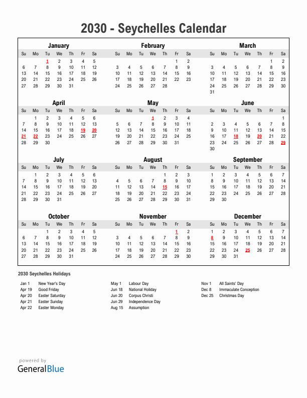 Year 2030 Simple Calendar With Holidays in Seychelles