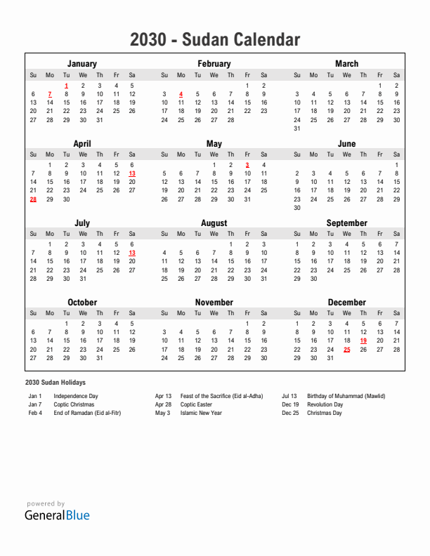 Year 2030 Simple Calendar With Holidays in Sudan