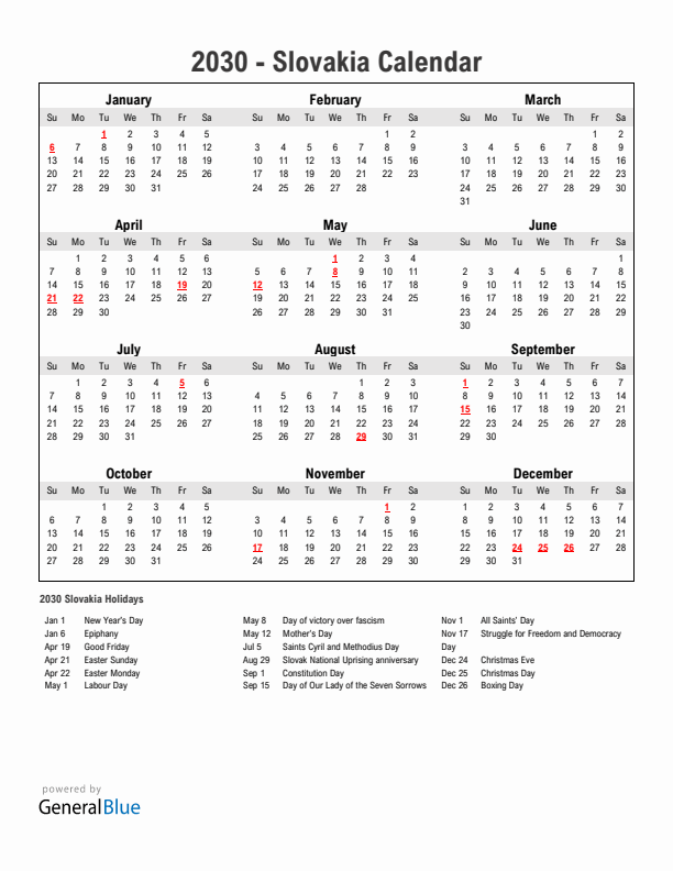 Year 2030 Simple Calendar With Holidays in Slovakia