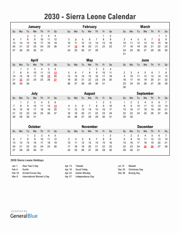 Year 2030 Simple Calendar With Holidays in Sierra Leone