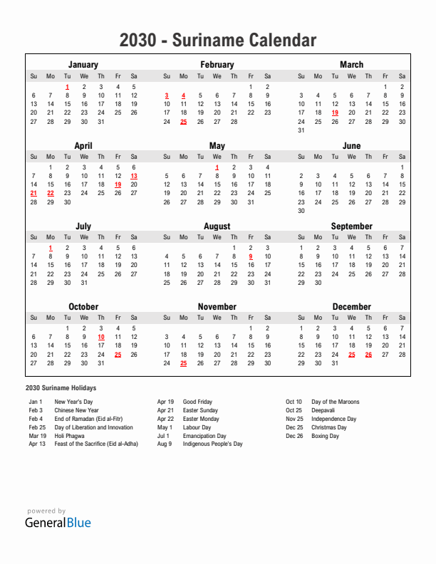 Year 2030 Simple Calendar With Holidays in Suriname