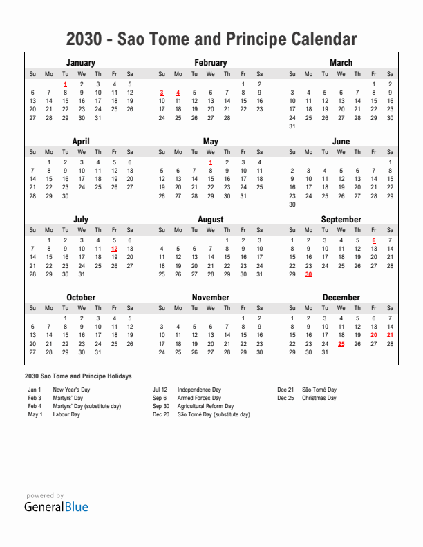 Year 2030 Simple Calendar With Holidays in Sao Tome and Principe