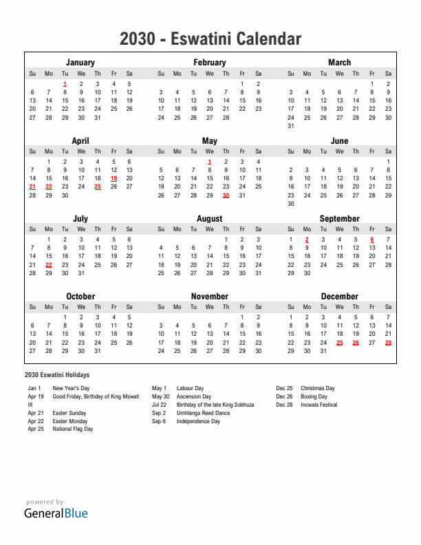 Year 2030 Simple Calendar With Holidays in Eswatini