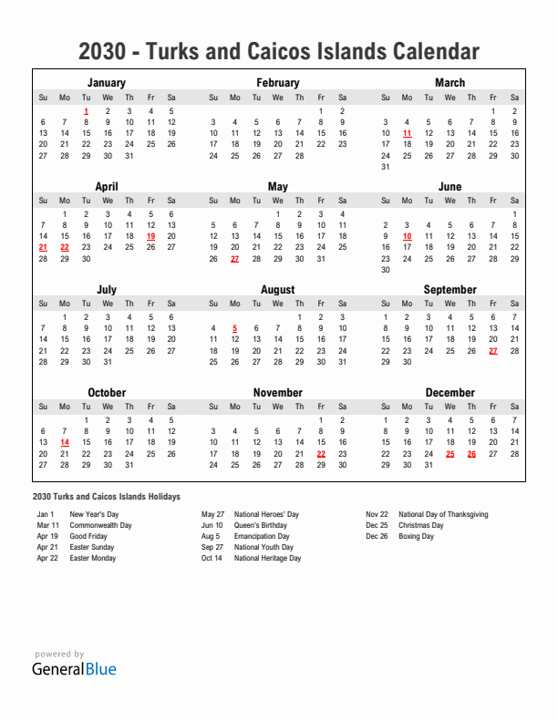 Year 2030 Simple Calendar With Holidays in Turks and Caicos Islands