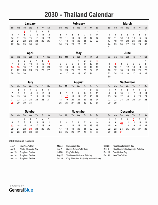 Year 2030 Simple Calendar With Holidays in Thailand