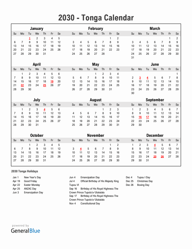 Year 2030 Simple Calendar With Holidays in Tonga