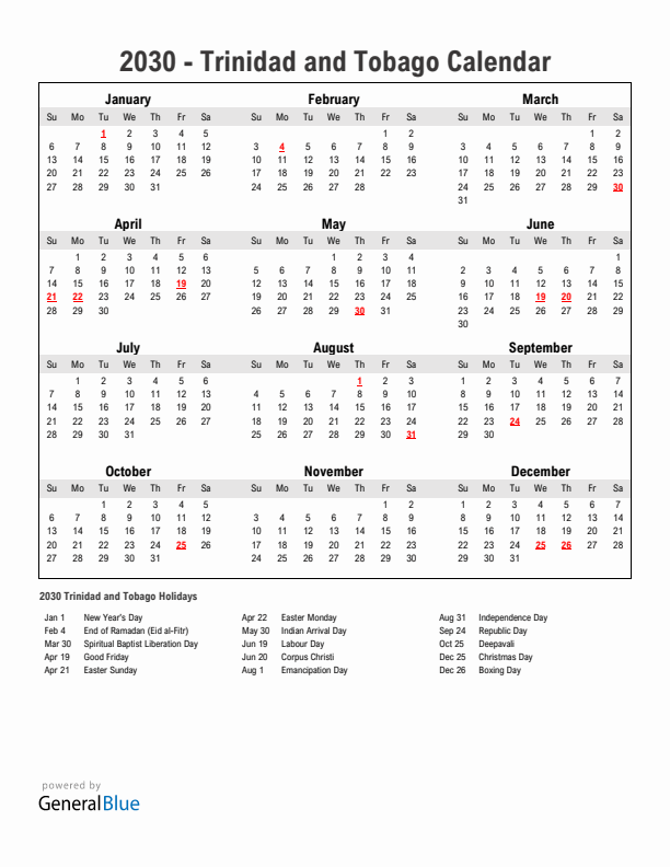 Year 2030 Simple Calendar With Holidays in Trinidad and Tobago