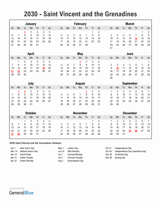 Year 2030 Simple Calendar With Holidays in Saint Vincent and the Grenadines