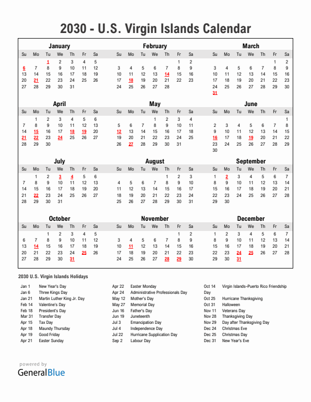 Year 2030 Simple Calendar With Holidays in U.S. Virgin Islands