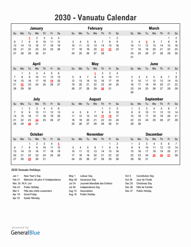 Year 2030 Simple Calendar With Holidays in Vanuatu