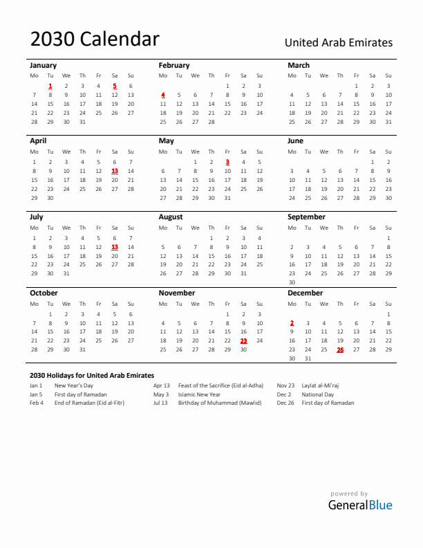 Standard Holiday Calendar for 2030 with United Arab Emirates Holidays