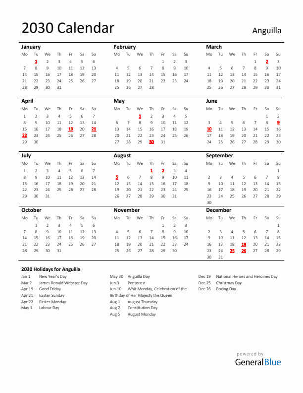 Standard Holiday Calendar for 2030 with Anguilla Holidays
