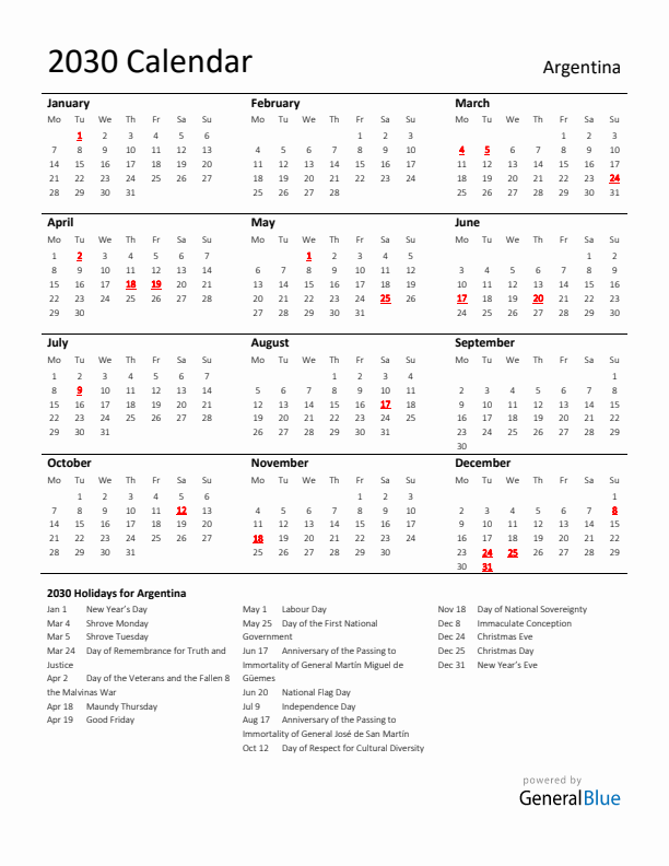 Standard Holiday Calendar for 2030 with Argentina Holidays 