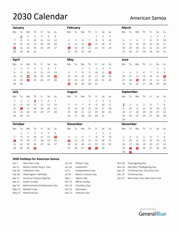 Standard Holiday Calendar for 2030 with American Samoa Holidays 