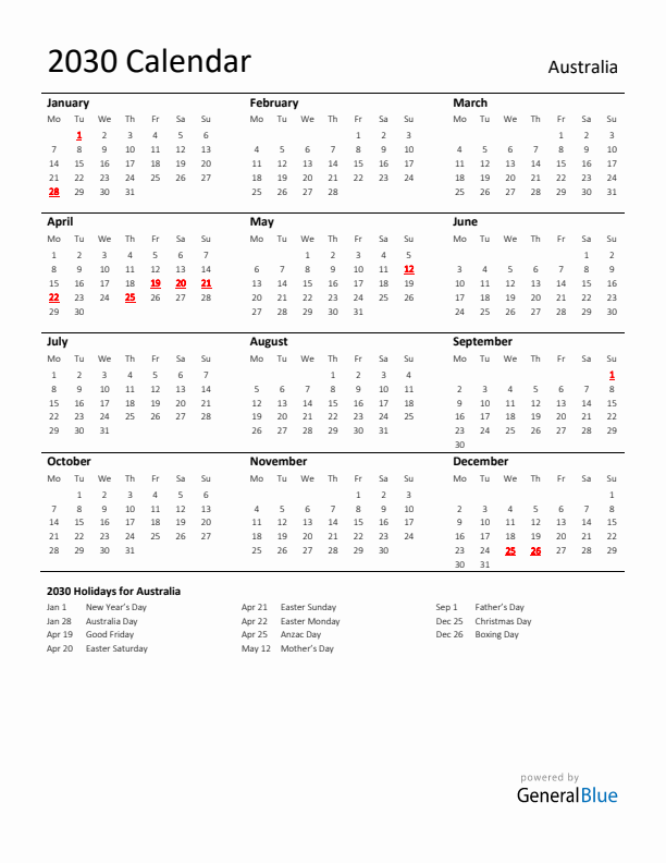 Standard Holiday Calendar for 2030 with Australia Holidays