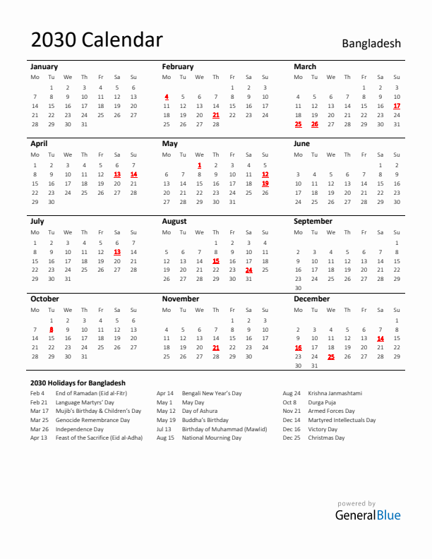 Standard Holiday Calendar for 2030 with Bangladesh Holidays