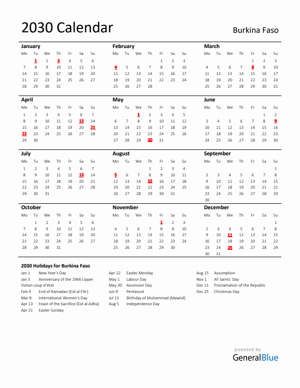 Standard Holiday Calendar for 2030 with Burkina Faso Holidays