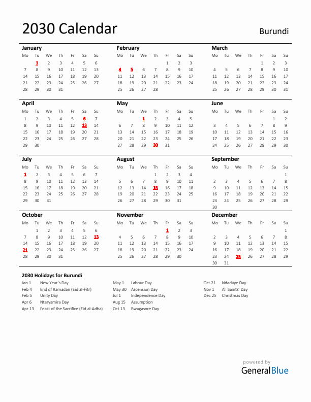 Standard Holiday Calendar for 2030 with Burundi Holidays