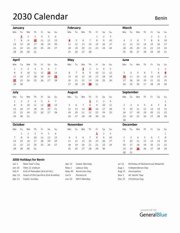 Standard Holiday Calendar for 2030 with Benin Holidays