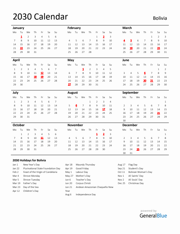 Standard Holiday Calendar for 2030 with Bolivia Holidays