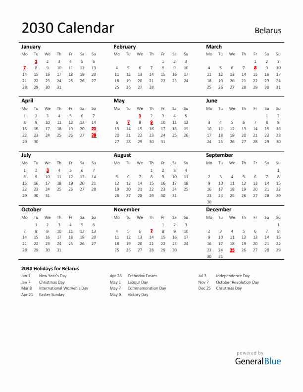Standard Holiday Calendar for 2030 with Belarus Holidays