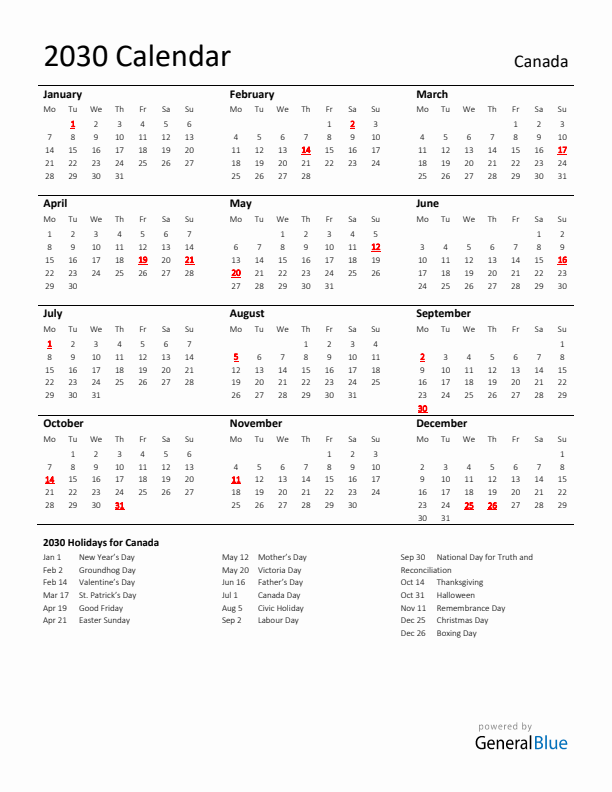Standard Holiday Calendar for 2030 with Canada Holidays