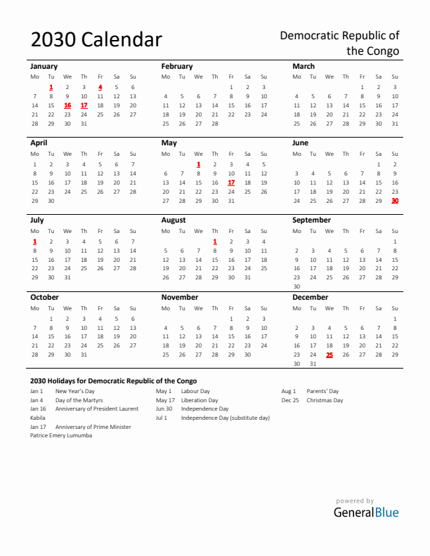 Standard Holiday Calendar for 2030 with Democratic Republic of the Congo Holidays 