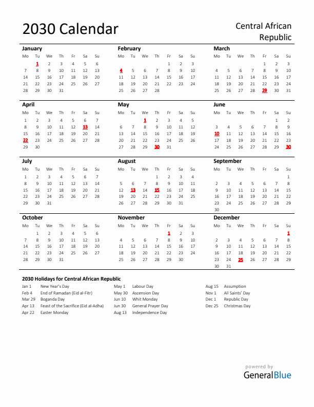 Standard Holiday Calendar for 2030 with Central African Republic Holidays