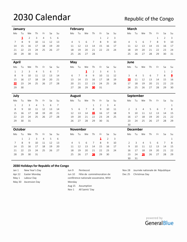 Standard Holiday Calendar for 2030 with Republic of the Congo Holidays 