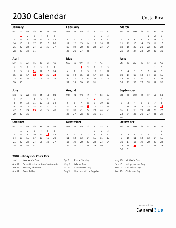 Standard Holiday Calendar for 2030 with Costa Rica Holidays