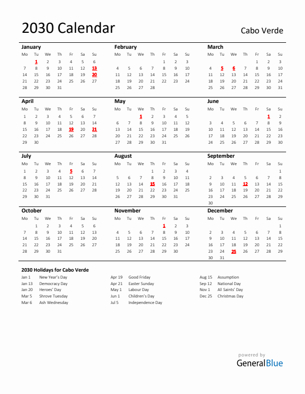 Standard Holiday Calendar for 2030 with Cabo Verde Holidays