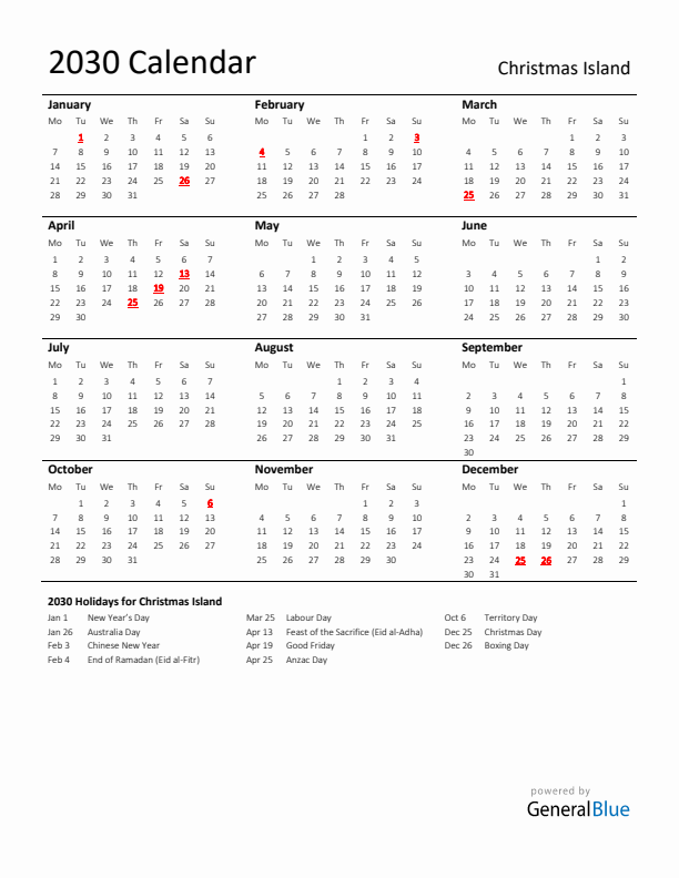 Standard Holiday Calendar for 2030 with Christmas Island Holidays